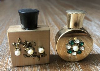 Two Vintage Small Brass Perfume Bottles With Jewels And Screw Tops