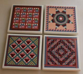 4 Vintage Avon Ceramic Porcelain Quilt Pattern Magnets 2 1/4 " Square