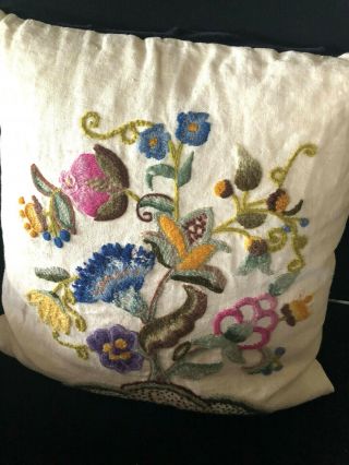 Vintage Crewel Work Pillow Front Frameable Piece Floral Wool Linen