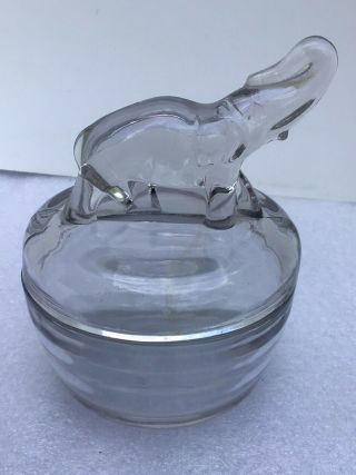 Vintage Jeannette Elephant Depression Glass Vanity Powder Jar Clear Trinket Box