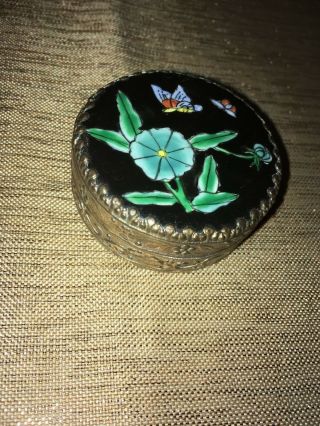 Vintage Silver Tone Pill Box/ Hand Painted - Butterflies & Flowers Porcelain 60 