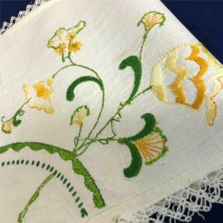 Vintage Table Runner Dresser Scarf Hand - Embroidered Yellow Flowers,  Lace Edging
