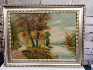 Vintage Old Painting Oil River Landscape Signed C Hauser