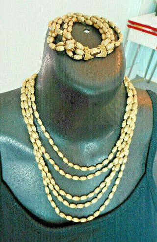 Vintage Signed Crown Trifari Brushed Gold Tone Leaf Bead Necklace & Bracelet Set