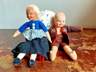 Pair Old Vintage Antique Norah Wellings Cloth Dolls Toy School Boy Grandma