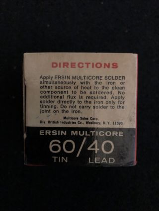 Vintage Ersin Multicore 60/40 5 Core Solder 20 S.  W.  G.  Tv,  Radio 1 lb.  91 mm 2