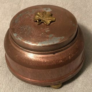 Vintage Musical Aluminium Metal Vanity Powder Puff Trinket Box Pink Golden Leaf