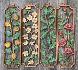 Set Of 4 Vintage Sexton Usa Cast Metal For Seasons Flowers Wall Plaques Art Mcm