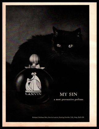 1962 Lanvin Paris My Sin " A Most Provocative Perfume " Black Cat Vintage Print Ad