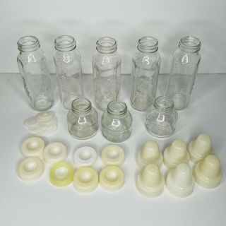 8 Vintage Glass Evenflo Baby Bottles With Ring Lids Caps 8oz 4oz