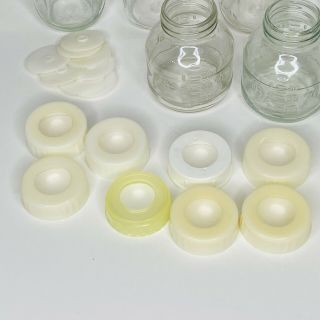 8 Vintage Glass Evenflo Baby Bottles With Ring Lids Caps 8oz 4oz 2