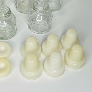8 Vintage Glass Evenflo Baby Bottles With Ring Lids Caps 8oz 4oz 3