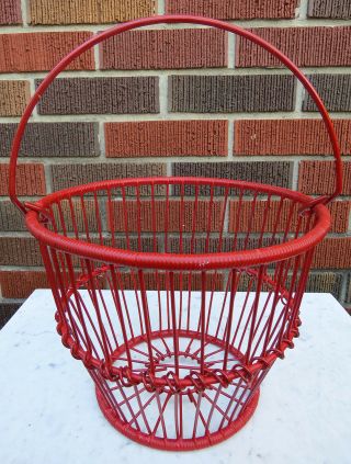 Vintage Red Basket Metal Wire Wrapped Rustic Oyster Clam Gathering Swing Handle