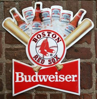 Vintage Boston Red Sox Budweiser Beer Metal Sign - Bowtie,  Bats 1991