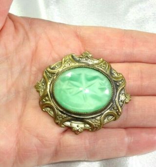 Vintage Faux Green Star Sapphire Glass Bezel Set Cabochon Brooch /pin