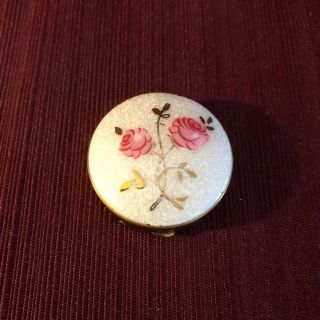 Vintage Round Pill Box With A Flowered Porcelain Top In Goldtone Setting