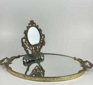 Vintage 16x9 " Large Oval Gold Colored Dresser Vanity Mirror Tray W/small Mirror