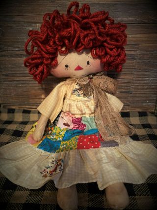 Folk Art Primitive Spring Bunny Rabbit Vintage Fabric Dress Raggedy Ann Doll Tag