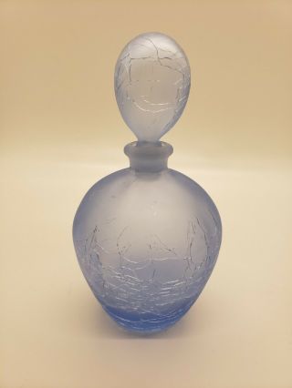 Vintage Frosted Glass Blue Perfume Bottle With Cracks Immitation