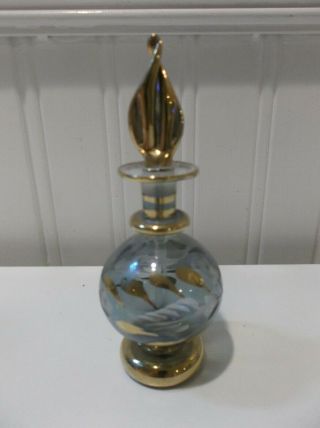 Vtg Hand Blown Blue Art Glass Perfume Bottle W/glass Dauber Hand Painted Etched