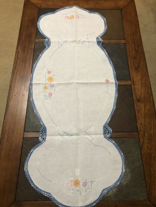Vintage Hand - Embroidered/crocheted Table Runner/dresser Scarf 16 X 44 Flowers