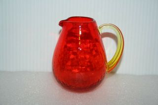 Amberina Vaseline Blown Crackle Glass Pitcher Vase Applied Handle 3 - 1/2 " Vtg