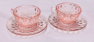 Set Of 2 Vintage Jeanette Pink Depression Glass Windsor Diamond Tea Cup & Saucer
