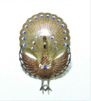 Vintage Siam Sterling Silver Hinged Enameled Peacock Brooch Pin Fe20854