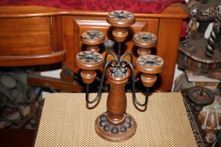 Vintage Wood & Metal Candelabra Candlestick Holder Folk Art Holds 5 Candles