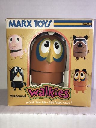 Vintage 1974 Marx Toys Hk 6804 Mechanical Walkies Owl Wind - Up Toy W / Box