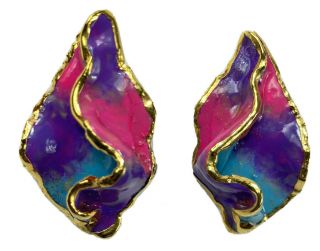 Lacombe 1988 Vintage Gold Plated Colorful Art Resin Earrings Purple Art Deco