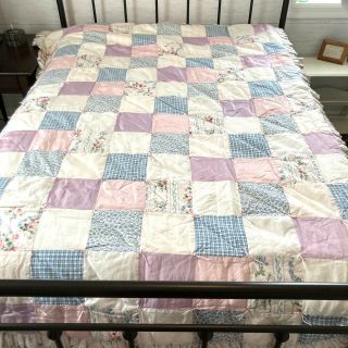 Vtg Twin Patchwork Ruffle Quilt Floral Romantic Shabby Chic Made Usa Pink Blue