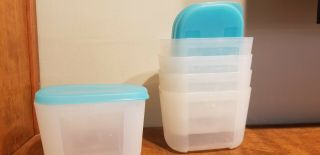 Vintage Tupperware Freezer Container 2087b - 5.  1 - 1/4 Cups.  Set Of 5 W/ Blue Lids
