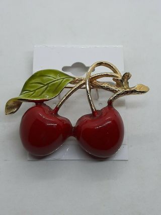Vintage Red Green Enamel Cherries Brooch Pin On Gold Tone Branch Setting 2 1/4 "