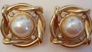 Vintage Givenchy Gold Plated Faux Pearl And Rhinestone Clip On Earrings Signed