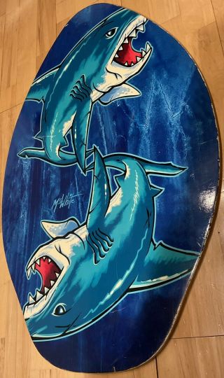 Signed Mcwhite Vintage Skimboard Skimmer Board Great White Shark Wave Surf Art