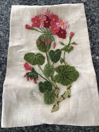 Vintage Hand Embroidered Wool Crewel Floral Linen Paragon Hepatica Flower