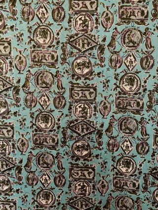 Vintage mid century dress fabric yardage turquoise blue classical print 3.  5 yds 2