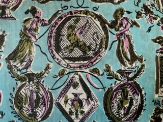 Vintage mid century dress fabric yardage turquoise blue classical print 3.  5 yds 3