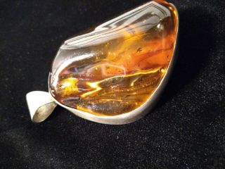 Rare Large Stunning Vintage Natural Amber Pendant In Sterling Silver Bezel Wow