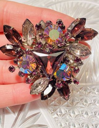 Vtg Czech Crystal Rhinestone Pin Brooch Purple Amethyst Aurora Borealis 60s