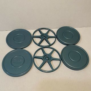 2 Vtg Blue Metal Compco Corp 8mm Film Reel Canisters 6 Inch Chicago Usa 300 Ft
