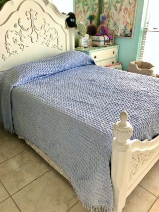Vintage Blue Lattice Chenille Fringe Bedspread Full/queen 120x 102