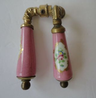 2 Vtg Art Nouveau Brass Porcelain Painted Porcelain Pink Floral Door Handle Pull