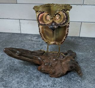 Vintage Midcentury Modern Metal Brass Owl Sculpture On Burl Wood Base Jere Era