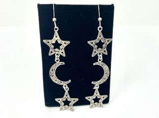 Vtg Sterling Silver Star & Moon Scroll Dangle Hook Earrings (8.  1g)