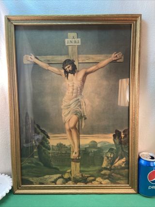 Vtg 1950 - 60’s Mid - Century Jesus Christ On The Cross Religious Lithograph Frame