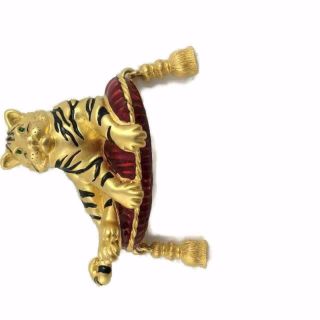 Vintage Bob Mackie Cat Tiger Pin 1980s Red Enamel Pillow Tassels Rhinestones 2