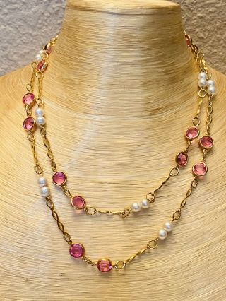 Vtg Open Bezel Austrian Crystal Usa Necklace Pink Pearl Channeled 8mm