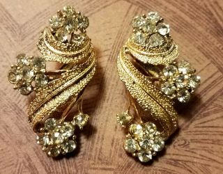 Vintage Coro Brushed Gold Tone And Rhinestone Clip On Earrings